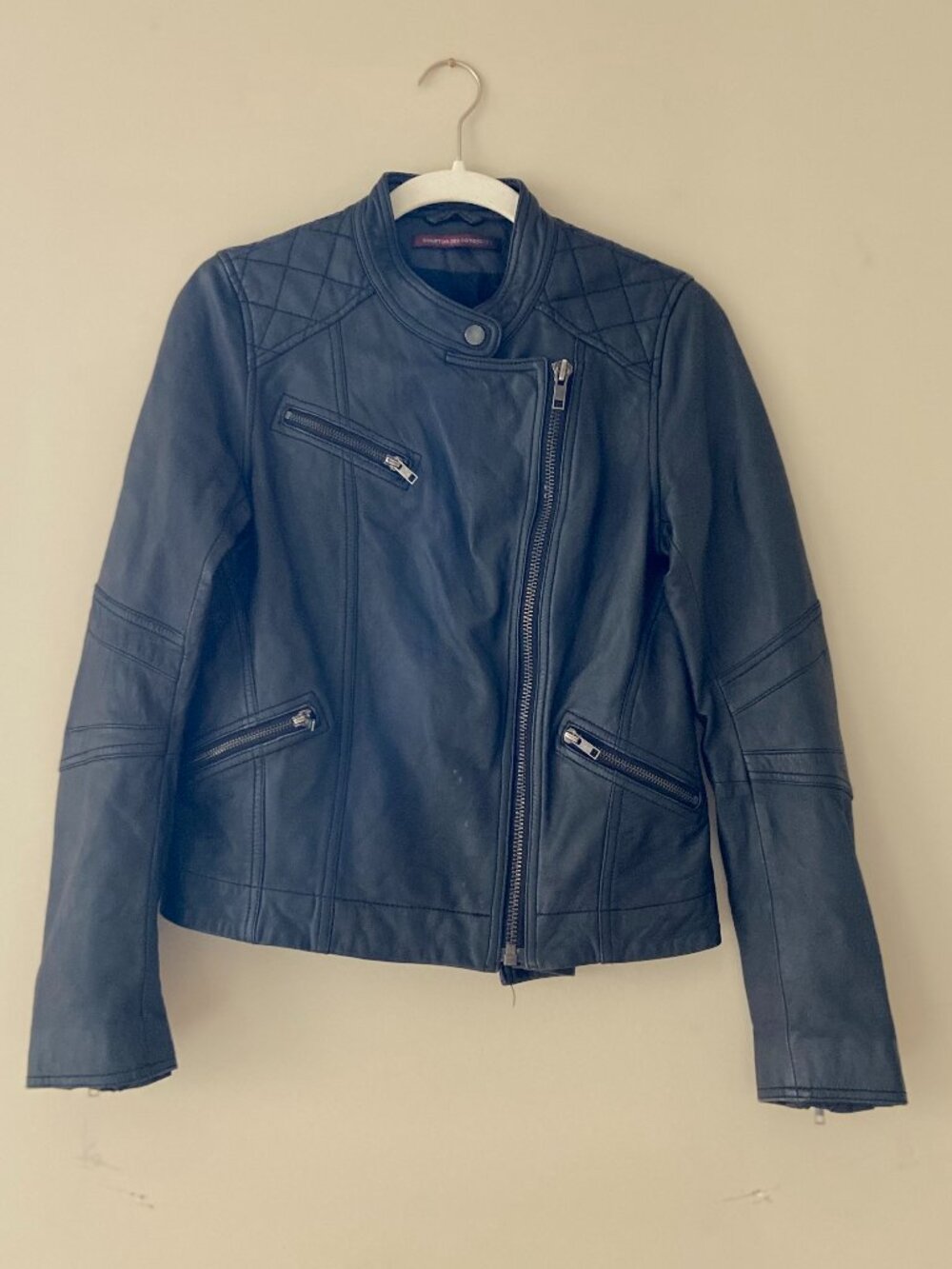 Comptoir des Cotonniers Black Lambskin Leather Quilted Moto Jacket Sz M